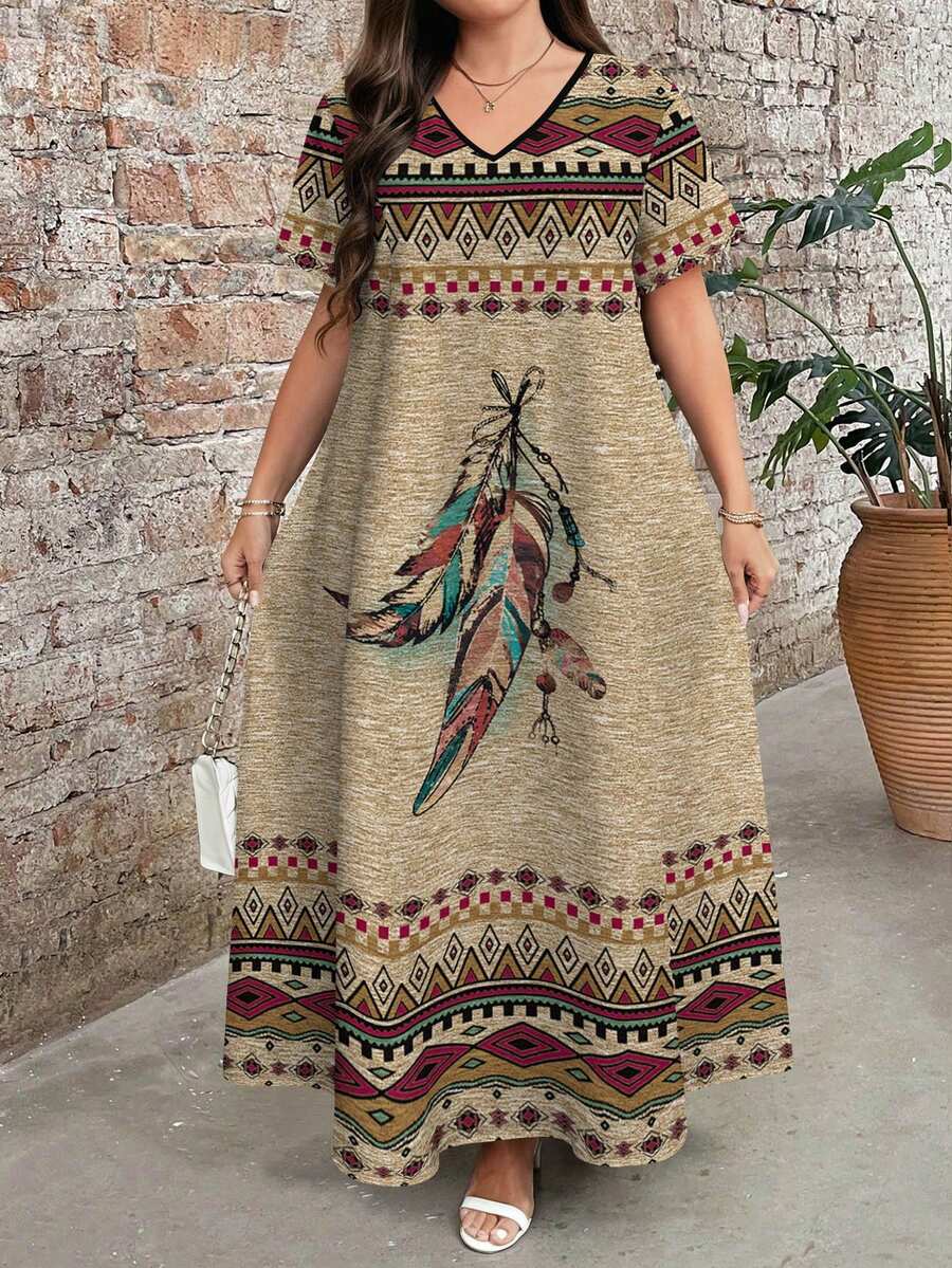 EMERY ROSE Đầm maxi phong cách Boho in họa tiết lông vũ cỡ lớn, đầm ngắn tay cổ chữ V dáng rộng thoải mái, phù hợp cho mùa xuân và mùa hè, đầm dự tiệc sang trọng, đầm maxi phong cách Boho, đầm in họa tiết lông vũ, đầm tông màu đất, trang phục nữ tông màu đất, đầm dài thoải mái, trang phục nữ phong cách Boho. - Nhiều màu - Xem 1