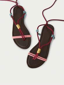Nöista Sandal dây thừng nhiều màu sắc phong cách Boho với dây buộc thủ công và bảng màu rực rỡ - Món đồ không thể thiếu cho các lễ hội mùa hè, những chuyến phiêu lưu mùa xuân và phong cách thoải mái, thủ công dành cho khách mời. - Màu Đỏ Sâu - Xem 2