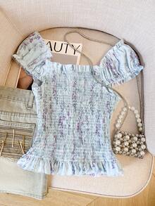 Everyssa Floral Print Frill Trim Button-Up Vacation Shirt For Women Tea Party Light Blue Summer Cottagecore - Blue - View 2