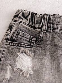 Playful Pals 1件装少女Y2K潮酷街头风做旧牛仔短裤，复古黑/灰水洗，不对称破洞毛边裤脚，高腰A字宽松版型，适合春夏、休闲、上学、户外、派对等场合。 - 黑色 - 查看 8