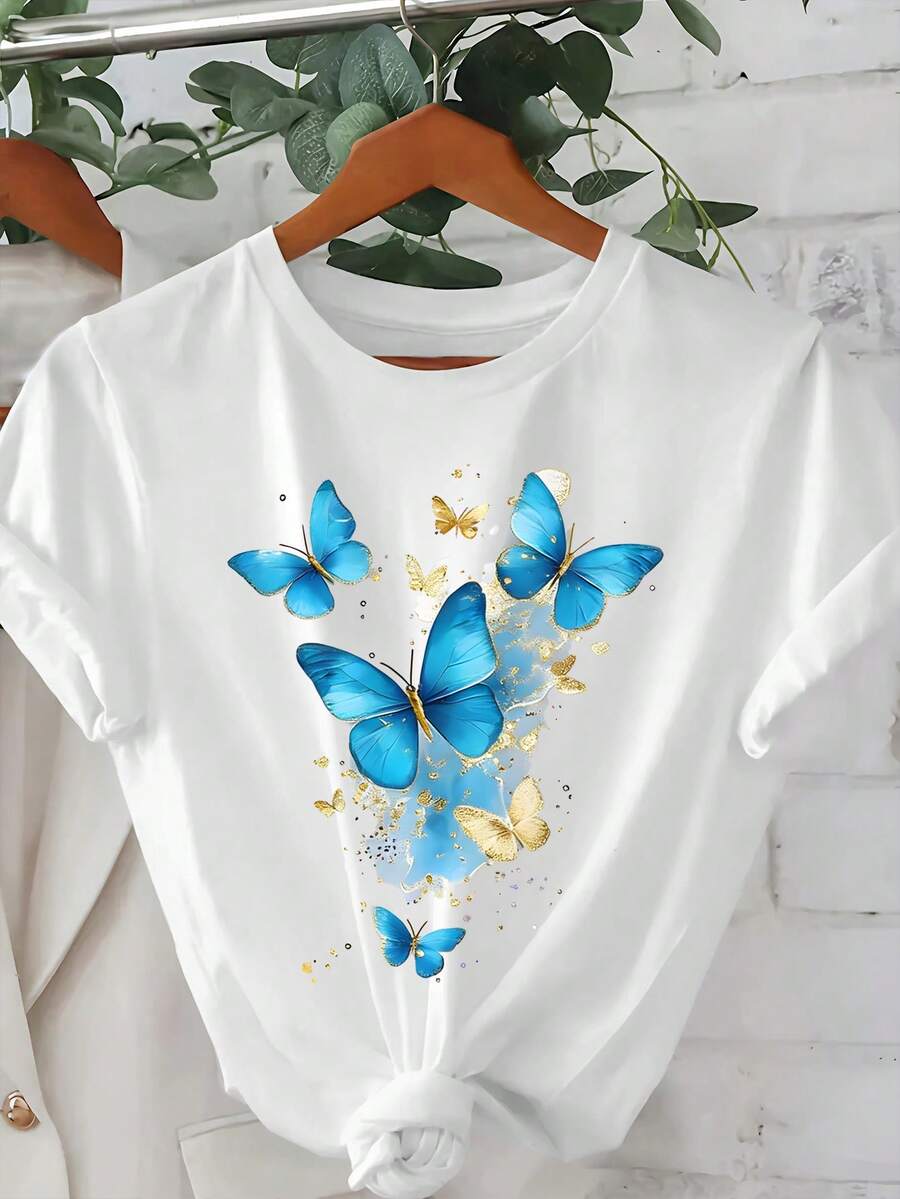 EMERY ROSE Women's Round Neck Bow Tie Print Casual Versatile Daily Wear Short Sleeve T-Shirt - White - View 1