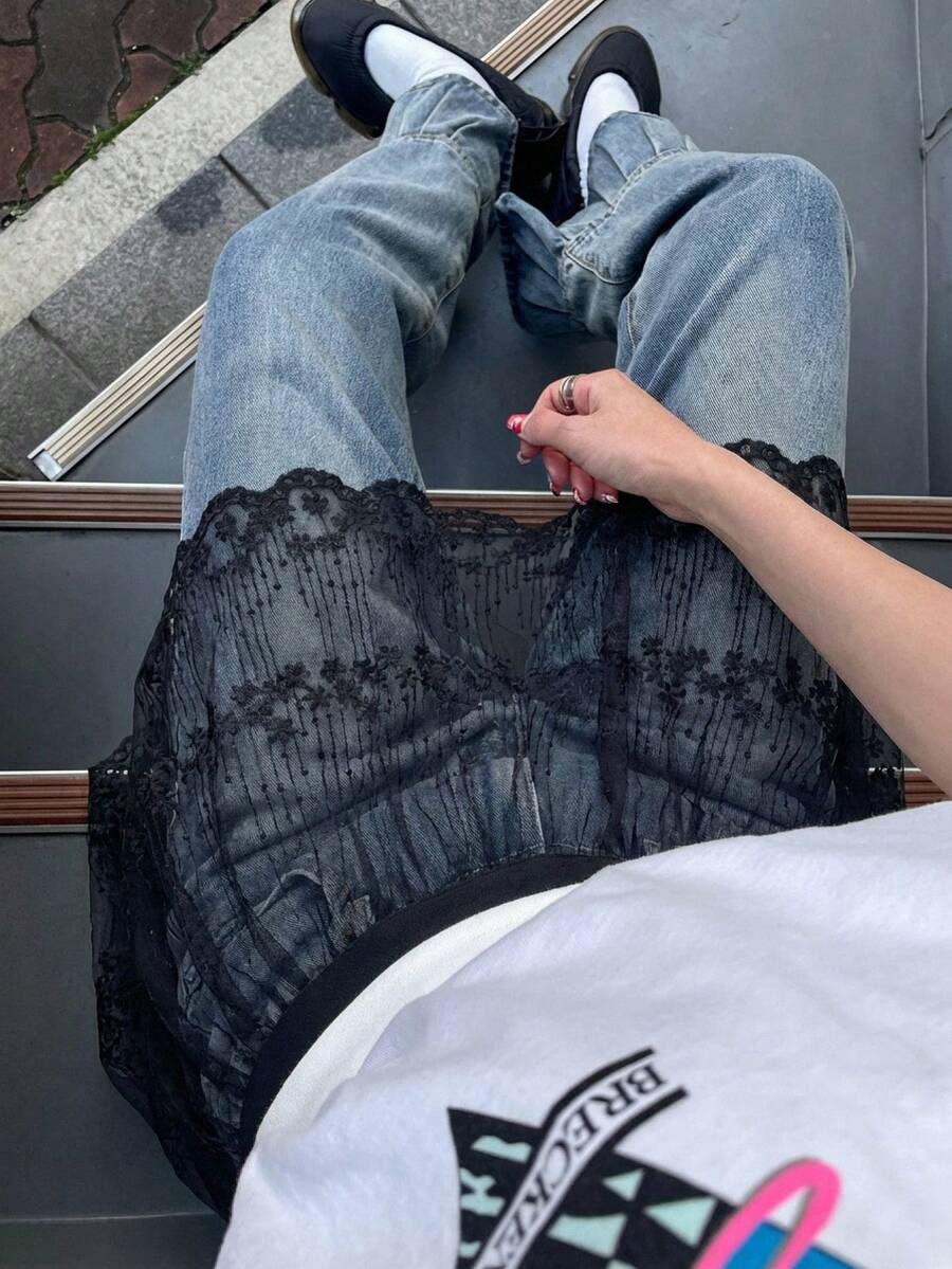 FRIFUL 女士高腰蕾丝时尚半身裙 - 黑色 - 查看 1