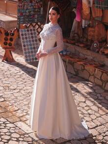 Aureia Đầm maxi satin tay voan mỏng, sang trọng, đính hạt cườm, thích hợp cho đám cưới, tiệc tùng, kỳ nghỉ, dạ hội, lễ hội, váy cưới. - trắng - Xem 4