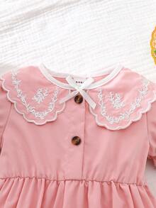 SHEIN Vintaside Kids 女婴白色短袖连体衣，领口、袖口和蝴蝶结装饰，可爱休闲夏季装扮 - 粉色 - 查看 5