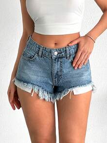 SHEIN 100% Cotton Mid Waist Washed Denim Short - Light Wash - View 6