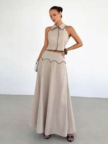 Siren Gaze Women's Linen Sleeveless Collared Top & High-Waisted Long Skirt Two-Piece Set,Khaki,Summer,Elegant,Tea Party Casual Style Dress Set For Beach Vacation - Apricot - View 3