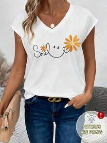 EMERY ROSE 女士V领短袖T恤，印有笑脸、雏菊和标语图案 - 白色 - 查看 1