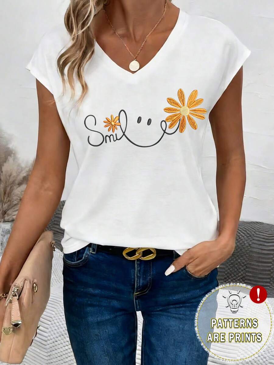 EMERY ROSE 女士V领短袖T恤，印有笑脸、雏菊和标语图案 - 白色 - 查看 1