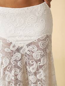 SHEIN BAE Women's Vacation Cashew Lace Asymmetric Hem Fashionable Skirt - White - View 3