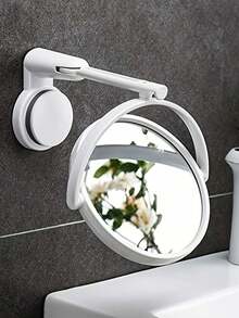 1Pc Foldable Extendable Bathroom Mirror, Wall Mounted, No Drilling Required, Single/Double Sided Wall Mounted Makeup Mirror, Home Decor, Suction Cup Wall Mounted Makeup Mirror, PVC Mirror Material - White - View 1
