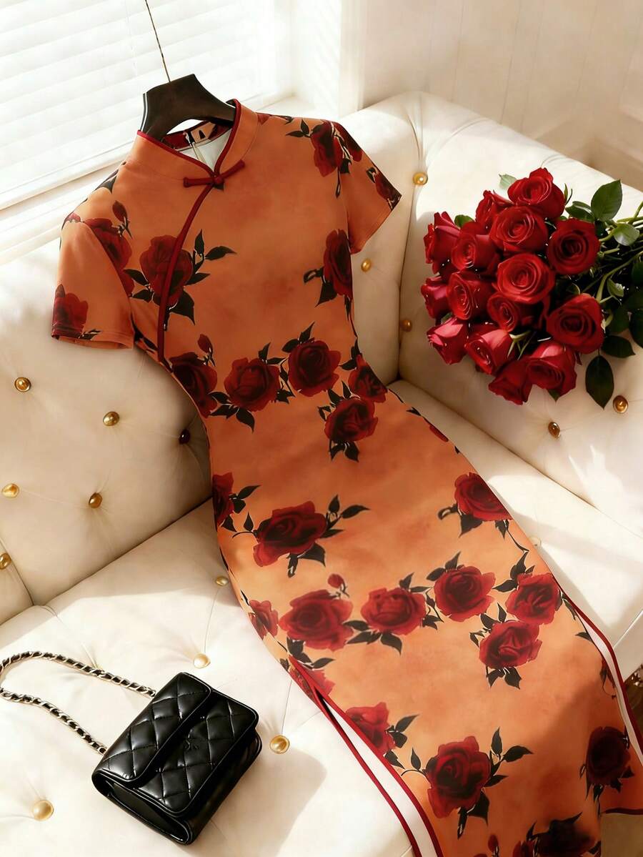 SHEIN LUNE 针织印花圆领短袖女式连衣裙 - 亮橙色 - 查看 1