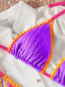 Swim SXY Summer Break Women's Beachwear Summer Outfits, Multicolor Patchwork Scalloped Halter Neck Crop Top And Side Tie Bikini Bottoms Sexy 2-Piece Swimwear Set, Festival Boho Bikinis Set For Women Women Swim Suit Set Festival Outfits For Women Beach Outfits Vacation Outfits Women Pink - Multicolor - View 5