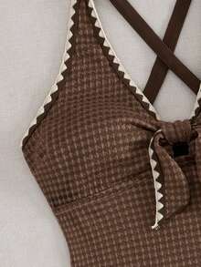 Swim Lushoire Women's 2 Pieces Brown Rhombus Pattern Bikini Set With Shell Trim And Bow Detail, Summer Beach Swimwear - Brown - View 6