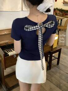 DAZY Áo thun nữ tay ngắn cổ tròn màu trơn kiểu Hàn Quốc thường ngày - Màu xanh lam - Xem 3