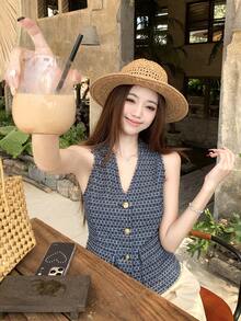 DAZY 女士纹理无袖牛仔背心，百搭时尚 - 藍色 - 查看 2