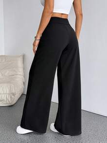 SHEIN PETITE 纯色高腰直筒喇叭裤 - 黑色 - 查看 2