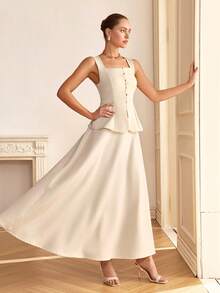 CLARA VERO Button Front Peplum Tank Top & Skirt - Apricot - View 4