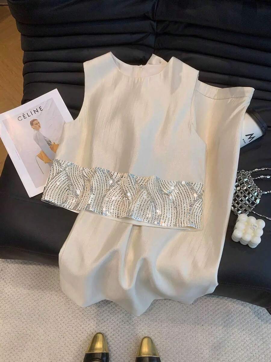 SHEIN Ladiora Women's Sequin Patchwork Zipper Crew Neck Tank Top And Skirt Elegant 2-Piece Set - Beige - View 1