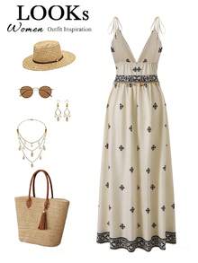 GlowEve Đầm hai dây cổ chữ V in họa tiết phối màu tương phản dành cho nữ - Màu be - Xem 2