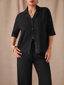 SHEIN Solid Drop Shoulder Button Front Shirt & Wide Leg Pants Set – Effortless Chic Co-Ords - Black - View 6
