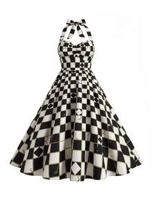 Maweii Vestido maxi de alta gama para vacaciones y citas en la playa, con diseño elegante en blanco y negro a cuadros, cuello con lazo, fruncido en el pecho y cintura, cordón en la espalda, para mujeres de talla grande - Blanco y Negro - Ver 2