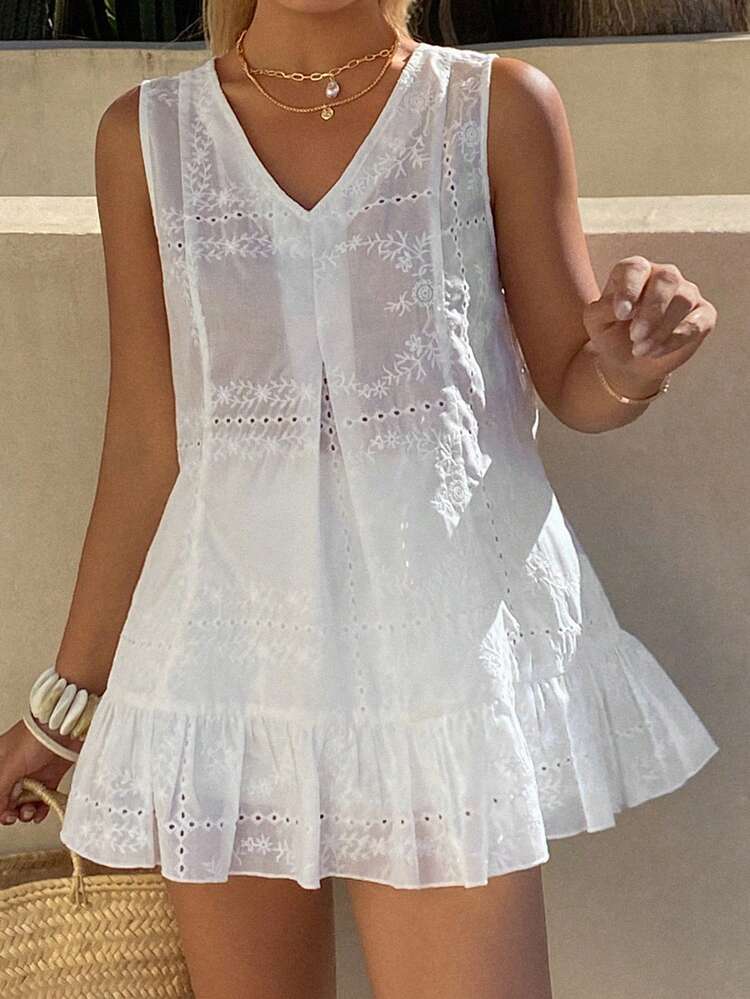 White Sleeveless V-Neck Backless Tie Strap Top For Women, Suitable For Beach Party, Holiday Outfit Summer