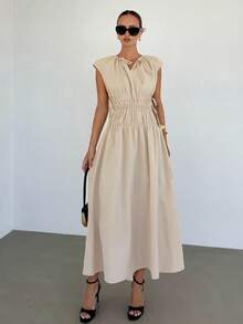 Siren Gaze Women's Elegant Summer Beige Maxi Dress,French Style Smocked Tie Waist Ruched Long Dresses,Casual Vacation Beach Outfit,Tea Party Cream Fitted Dress - Apricot - View 1