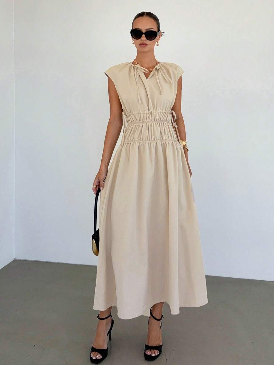 Siren Gaze Women's Elegant Summer Beige Maxi Dress,French Style Smocked Tie Waist Ruched Long Dresses,Casual Vacation Beach Outfit,Tea Party Cream Fitted Dress - Apricot - View 1
