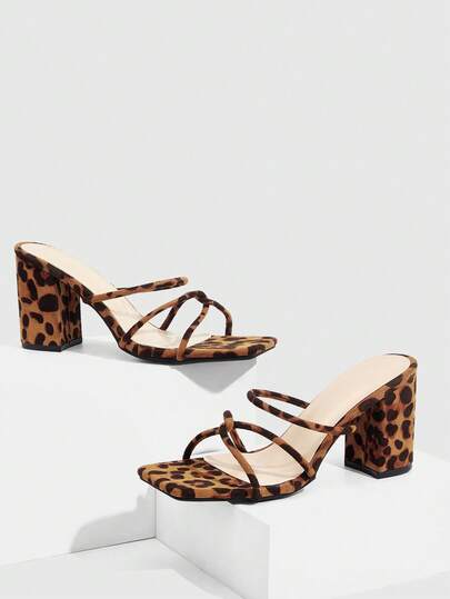CUCCOO SZL 女士时尚豹纹交叉绑带方跟高跟凉鞋