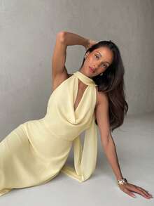 Aloruh Women's Yellow Flowy Draped Neck A-Line Backless Dress - Yellow - View 1