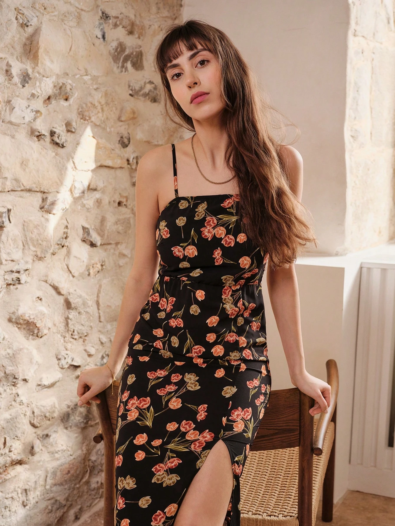 Floral Fitted Midi Dress With Straight Neckline And Straps Cute Black Dress Flower Dress Summer Vacation Dress Spring Summer French Style Parisian Style