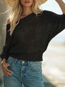 EMERY ROSE New Arrival Women's Casual Hollow-Out Pattern Crew Neck Raglan Sleeve Ribbed Hem Pullover Sweater, Suitable For Summer Everyday Black - Black - View 5