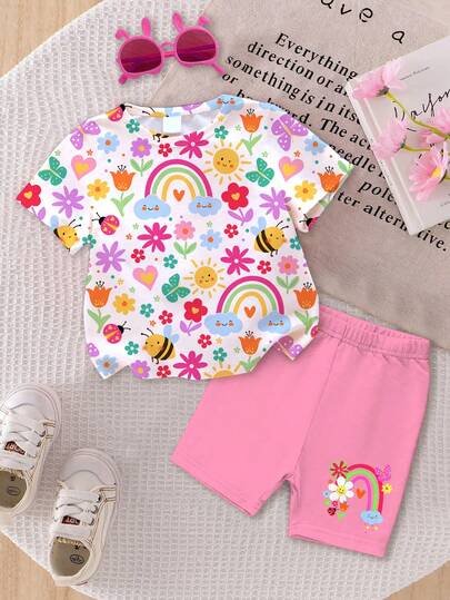 SHEIN Baby Girl Casual Cute Floral, Face, Rainbow, Insect, Butterfly Print Round Neck Short Sleeve T-Shirt And Leggings Set, Suitable For Spring And Summer, Baby Girl Clothes, Baby Girl, Toddler Girl Clothes, Toddler Girl, Baby Girl Outfit, Baby Girl Outfit Set, Toddler Girl Clothes, Baby Girl, Pink, Sets For Kids, Easy Comfort, Cute, Cozy Spring And Summer Styles, Summer, Chill Cute Sets, Floral Pop