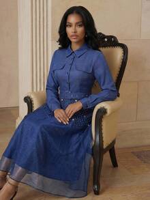 Anewsta 现代女士牛仔衬衫拼接水钻网纱开衩长裙 - 藍色 - 查看 7