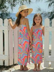 Emery Rose Kids 少女休闲混纺针织扎染V领无袖连衣裙 少女休闲街头风扎染吊带裙 假日穿搭 - 粉色 - 查看 5