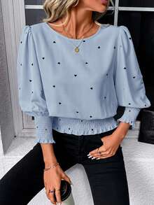 SHEIN LUNE 复古爱心印花休闲通勤户外圆领荷叶边花瓣袖女式衬衫 - 淺藍色 - 查看 5