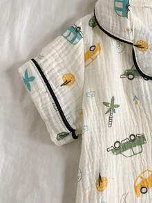 Bộ 2 món đồ ngủ tay ngắn in hình xe hoạt hình cho bé trai sơ sinh/trẻ nhỏ, 100% cotton. - Màu be - Xem 4