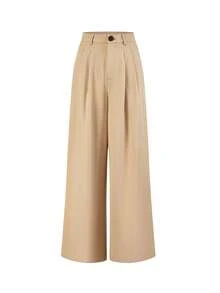 Olithes Pantalones de cintura alta y pierna ancha en beige/Pantalones casuales y relajados minimalistas y elegantes/Para ir al trabajo/Diario/Versátiles que alargan las piernas - Caqui - Ver 1