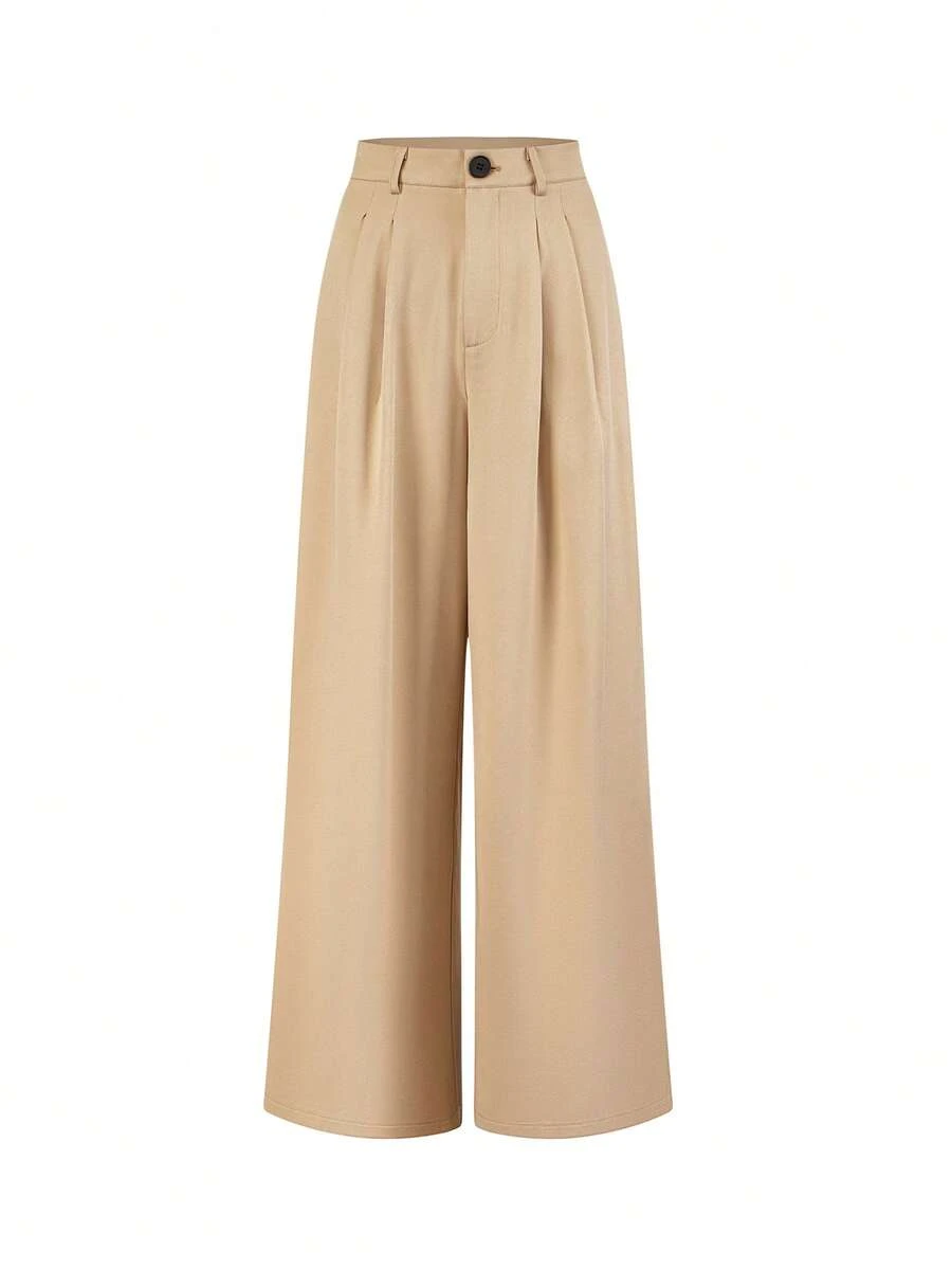Olithes Pantalones de cintura alta y pierna ancha en beige/Pantalones casuales y relajados minimalistas y elegantes/Para ir al trabajo/Diario/Versátiles que alargan las piernas - Caqui - Ver 1