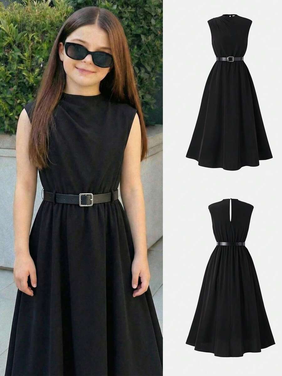 SHEIN Firerie Kids 女童纯色圆领休闲连衣裙