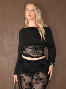 Arliah 女士露肩长袖撞色蕾丝时尚T恤 - 黑色 - 查看 4