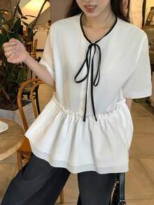 FRIFUL Women's Round Neck Loose Collar Color Block Bow Patchwork Ruffle Hem Blouse Summer - White - View 8