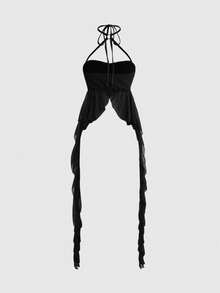 ROMWE Avant Island Vacation Halter Neck Crop Top For Women - Black - View 2