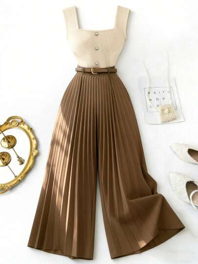 Elenzga Women's Square Neck Sleeveless Top And Pleated Wide Leg Pants Two Pieces Set With Contrast Color