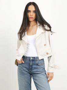 KSTM Áo khoác dáng ngắn hai hàng cúc dành cho nữ, cổ ve áo và thắt lưng, kiểu dáng blazer nhẹ, thích hợp cho mùa xuân thu. - Màu Khaki - Xem 4