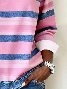 EMERY ROSE Women's Long Sleeve T-Shirt, Dual-Color Striped Print Pattern Design, Casual Wear For Autumn - Multicolor - View 3