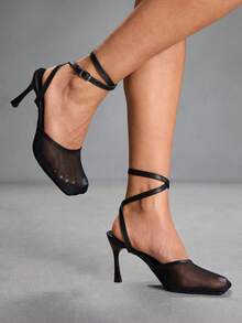 CUCCOO SZL Ladies Black Simple Breathable Mesh Commuter Office Wear Stylish Square Heel High Heel Sandals - Black - View 1