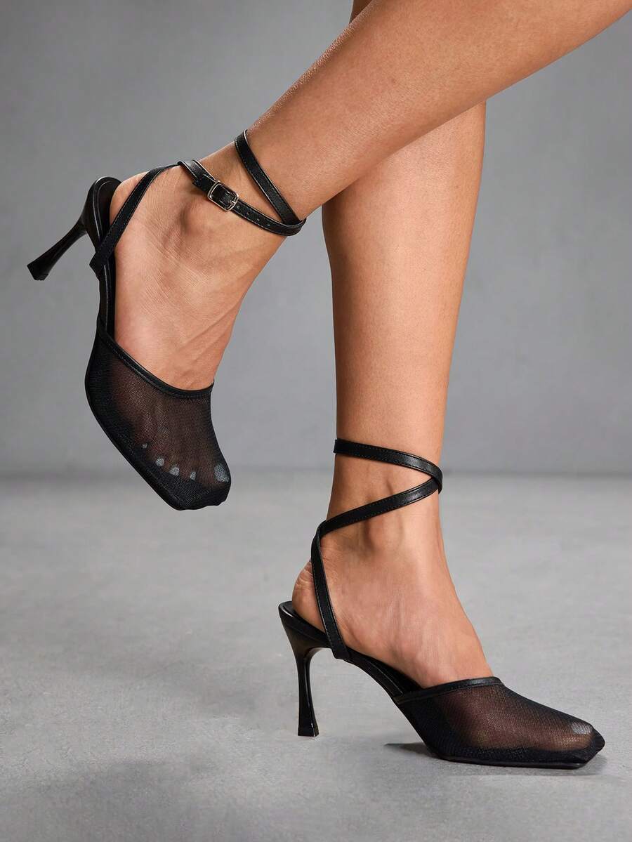 CUCCOO SZL Ladies Black Simple Breathable Mesh Commuter Office Wear Stylish Square Heel High Heel Sandals - Black - View 1