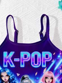 SHEIN 卡通女孩极简图案，亮紫色，韩流女团泳装印花，连体泳衣，适合夏季穿着 - 彩色 - 查看 4