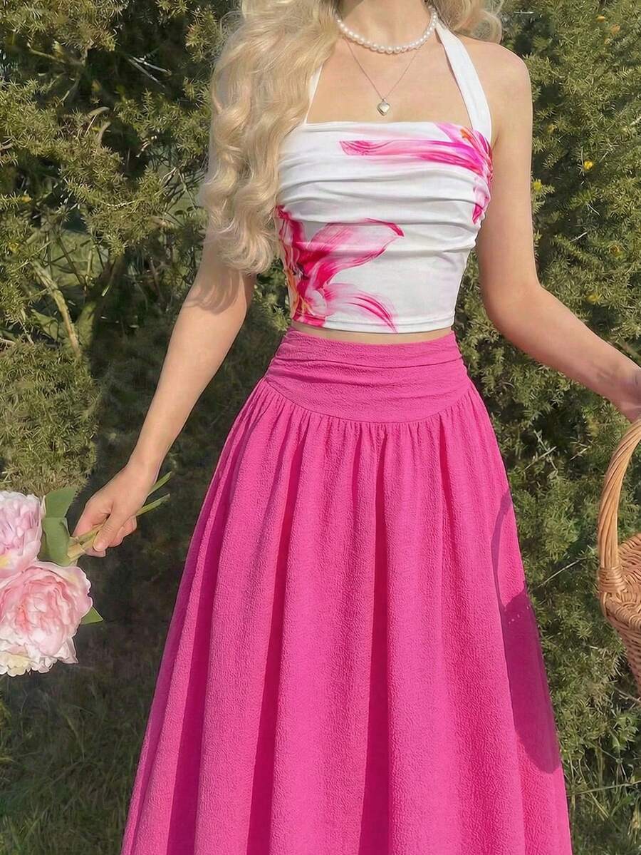 SHEIN Teen Girl Summer Casual Vacation Floral Print Halter Top And Long Skirt Set, Teen Girl Top And Skirt, Skirt Two Piece Set - Hot Pink - View 1